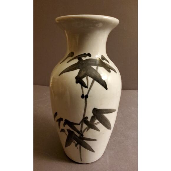 Asian Hand Painted Pottery Vase with Black Bamboo - Picture 1 of 3